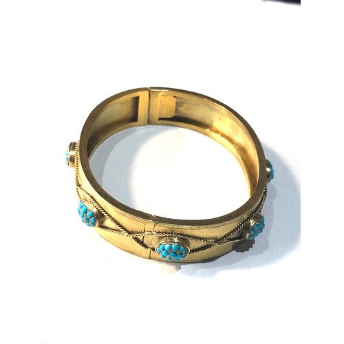 337 - Beautiful Antique 18ct Gold & Turquoise Bangle / Bracelet rope twist design set with panels of turqu... 