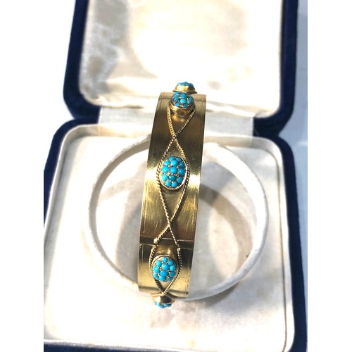 337 - Beautiful Antique 18ct Gold & Turquoise Bangle / Bracelet rope twist design set with panels of turqu... 