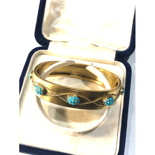 337 - Beautiful Antique 18ct Gold & Turquoise Bangle / Bracelet rope twist design set with panels of turqu... 