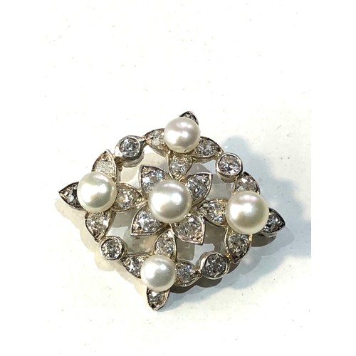 340 - Fine boxed white gold Diamond and pearl brooch set with approx 1.50ct diamonds meaures approx 2.8cm ... 