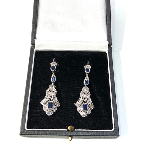 341 - Fine Art Deco platinum diamond sapphire long drop earrings measure approx 4.6cm drop set with sapphi... 