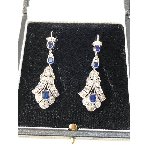 341 - Fine Art Deco platinum diamond sapphire long drop earrings measure approx 4.6cm drop set with sapphi... 