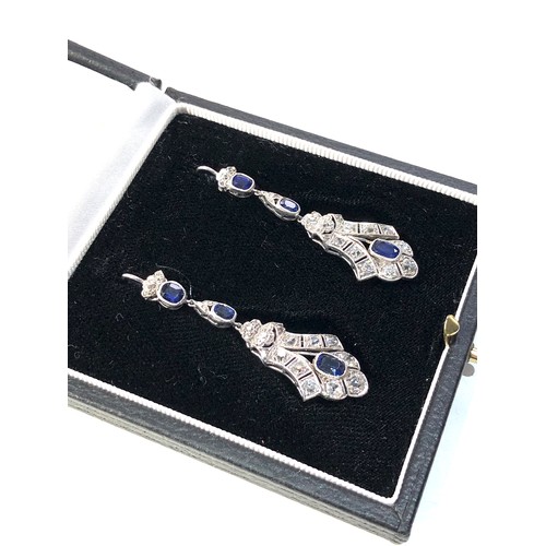 341 - Fine Art Deco platinum diamond sapphire long drop earrings measure approx 4.6cm drop set with sapphi... 