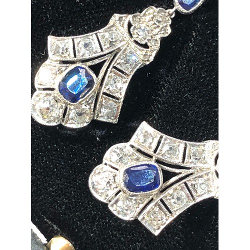 341 - Fine Art Deco platinum diamond sapphire long drop earrings measure approx 4.6cm drop set with sapphi... 