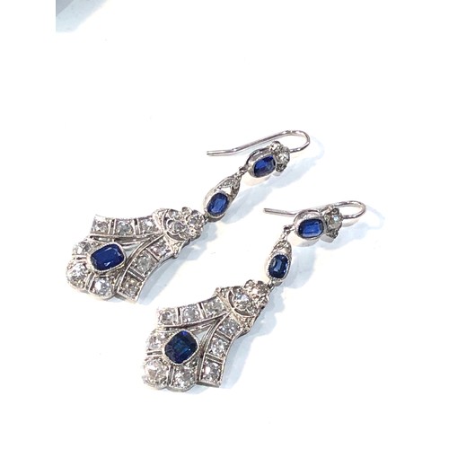 341 - Fine Art Deco platinum diamond sapphire long drop earrings measure approx 4.6cm drop set with sapphi... 