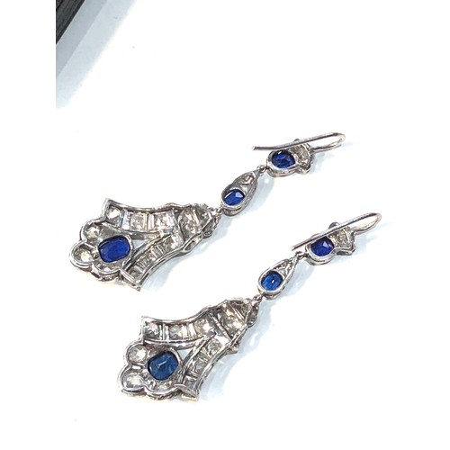 341 - Fine Art Deco platinum diamond sapphire long drop earrings measure approx 4.6cm drop set with sapphi... 