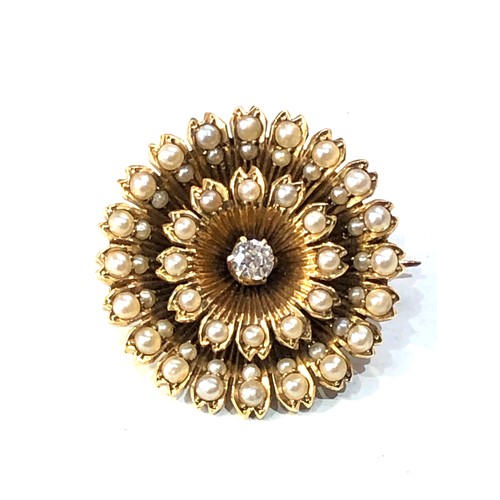 342 - Antique gold diamond and seed-pearl brooch central diamond meausres approx 3mm dia with seed-pearls ... 