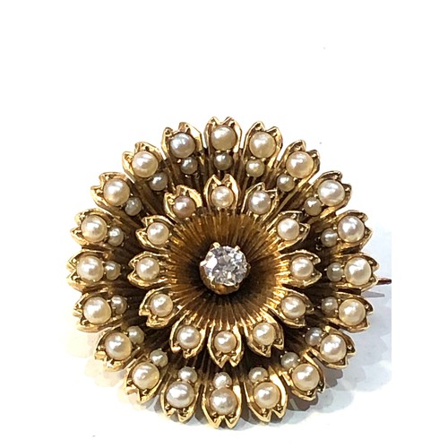 342 - Antique gold diamond and seed-pearl brooch central diamond meausres approx 3mm dia with seed-pearls ... 