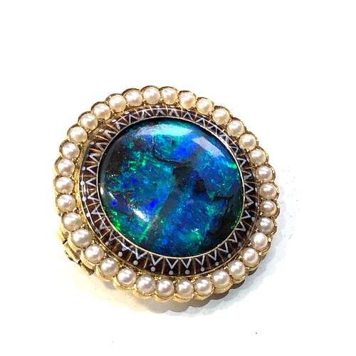 344 - Antique large black opal and seed-pearl & enamel border brooch with picture locket measures approx 2... 