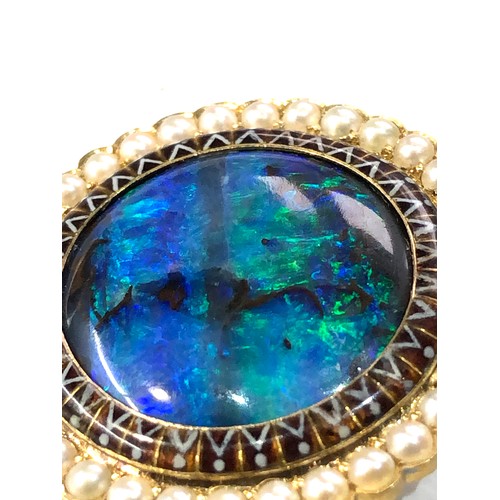 344 - Antique large black opal and seed-pearl & enamel border brooch with picture locket measures approx 2... 