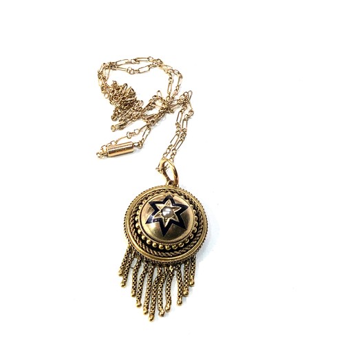 345 - Antique 15ct gold enamel and pearl tassle pendant and chain with picture locket back pendant measure... 