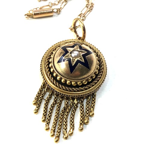 345 - Antique 15ct gold enamel and pearl tassle pendant and chain with picture locket back pendant measure... 