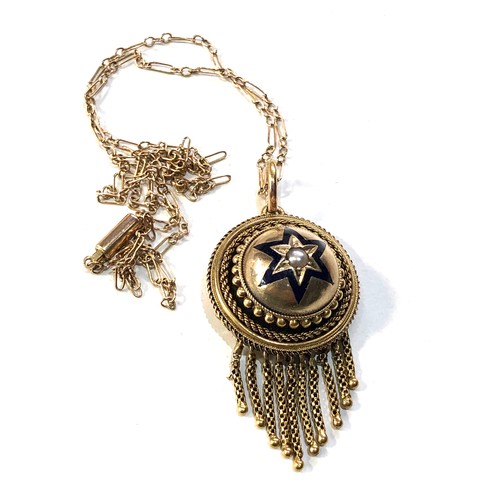 345 - Antique 15ct gold enamel and pearl tassle pendant and chain with picture locket back pendant measure... 