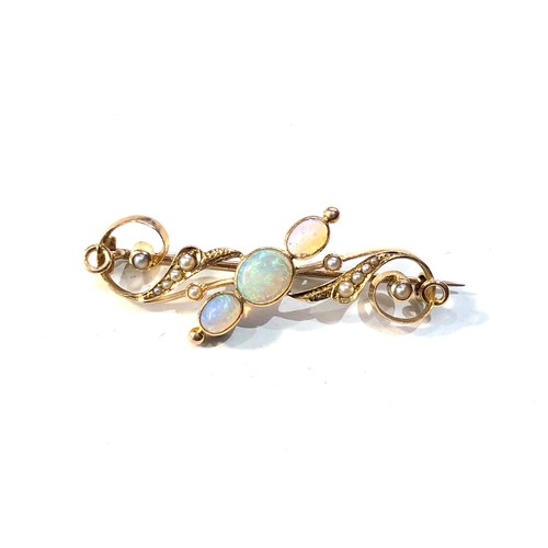 347 - Antique gold opal and seed-pearl brooch set with 3 opals largest measures approx 7mm by 6mm brooch m... 