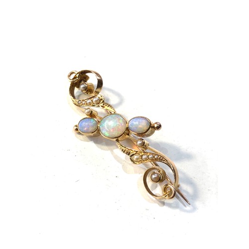 347 - Antique gold opal and seed-pearl brooch set with 3 opals largest measures approx 7mm by 6mm brooch m... 