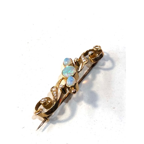 347 - Antique gold opal and seed-pearl brooch set with 3 opals largest measures approx 7mm by 6mm brooch m... 