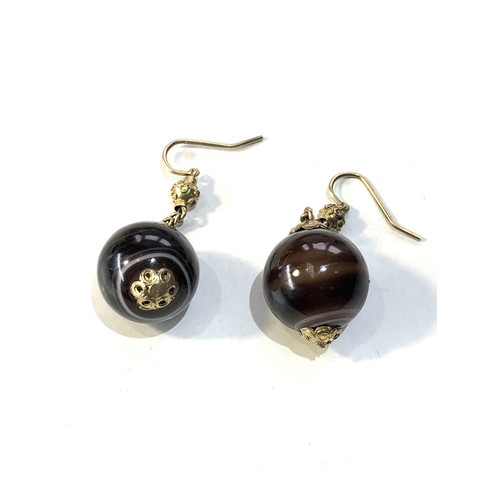 348 - Antique gold & banded agate ball earrings measures approx 3.5cm drop agate ball measures approx 15mm... 