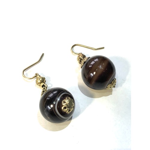 348 - Antique gold & banded agate ball earrings measures approx 3.5cm drop agate ball measures approx 15mm... 