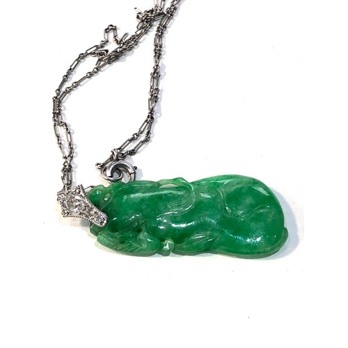 349 - Fine antique carved jade & diamond pendant with chain pendant measures approx 4.5cm drop set with .3... 