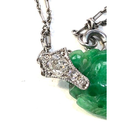 349 - Fine antique carved jade & diamond pendant with chain pendant measures approx 4.5cm drop set with .3... 