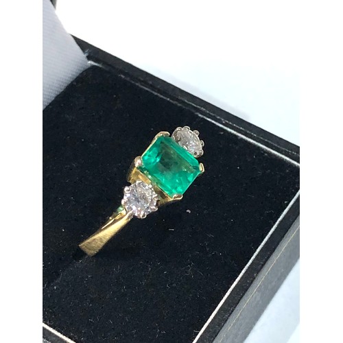 359 - Fine quality 18ct gold diamond and emerald ring central emerald 1.48ct with diamond either side 0.60... 