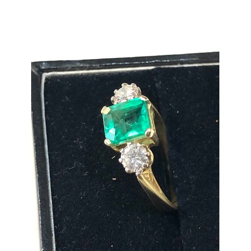 359 - Fine quality 18ct gold diamond and emerald ring central emerald 1.48ct with diamond either side 0.60... 