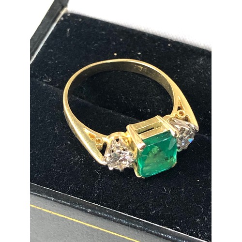 359 - Fine quality 18ct gold diamond and emerald ring central emerald 1.48ct with diamond either side 0.60... 