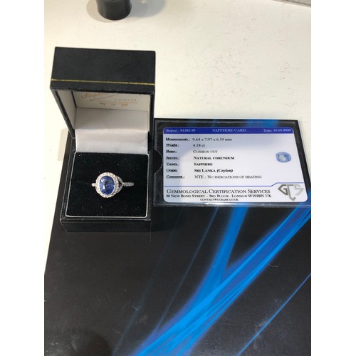 358 - Fine quality certificated cushion cut ceylon natural corundum sapphire and diamond ring central sapp... 