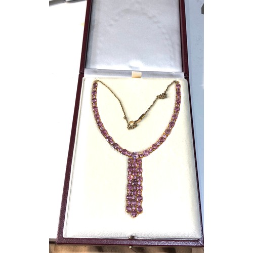 376 - Antique 18ct gold pink gem set necklace with drops in fitted case weight 22.5g