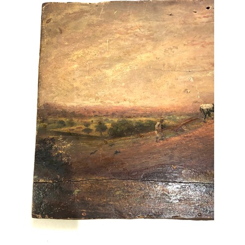 511 - Early Antique 18th / 19th century naive oil painting on panel measures approx 10ins by 7.5ins plit t... 