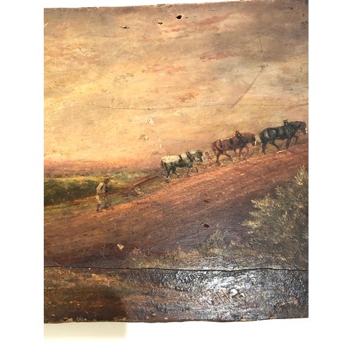 511 - Early Antique 18th / 19th century naive oil painting on panel measures approx 10ins by 7.5ins plit t... 