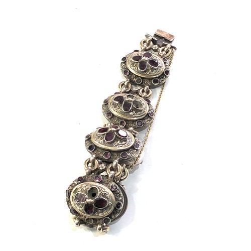 380 - Georgian silver table cut garnet bracelet gold gilt front each floral embossed panel set with garnet... 