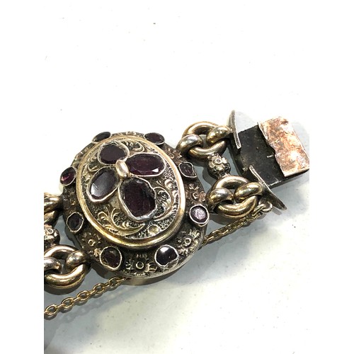 380 - Georgian silver table cut garnet bracelet gold gilt front each floral embossed panel set with garnet... 