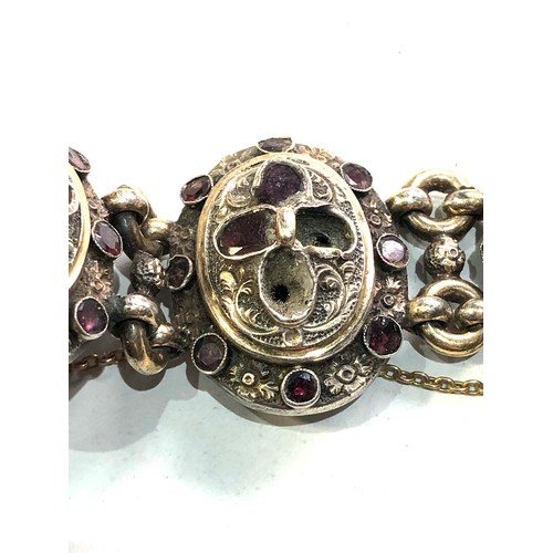 380 - Georgian silver table cut garnet bracelet gold gilt front each floral embossed panel set with garnet... 