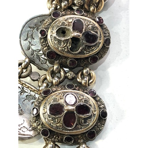 380 - Georgian silver table cut garnet bracelet gold gilt front each floral embossed panel set with garnet... 