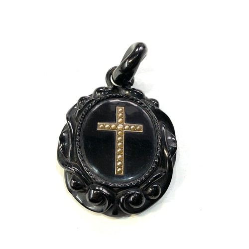 385 - Victorian jet and seed pearl set crucifix pendant measure approx 7cm drop by 4cm wide