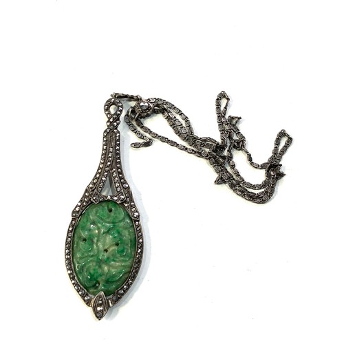 473 - 3 antique silver marcasite and carved jade necklace brooch and ring the chain has teh clasp broken a... 