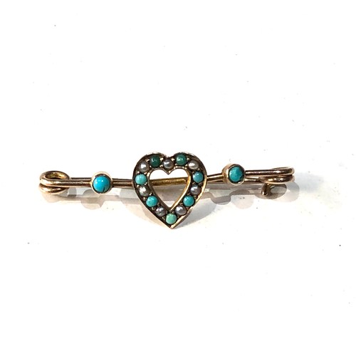 400 - Antique 9ct gold turquoise and seed-pearl love heart bar brooch