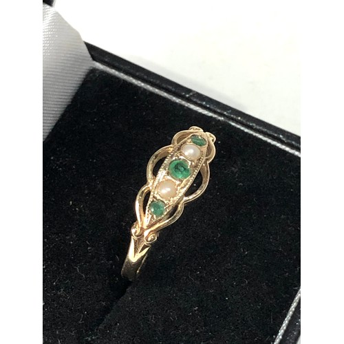 412 - 9ct gold Emerald and pearl gypsy ring weight 2g