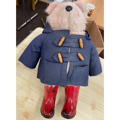 527 - Gabrielle designs vintage Paddington Bear, with coat and hat, not original wellies, missing an eye