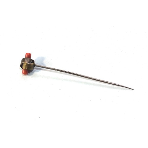 69 - Antique gold and coral stick pin measures approx 6.5cm long weight 1.4g