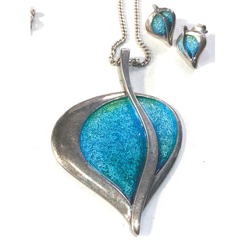 388 - Vintage silver and enamel pendant necklace and matching earrings pendant measures approx 5.3cm drop ... 