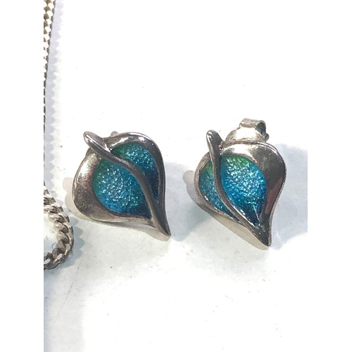 388 - Vintage silver and enamel pendant necklace and matching earrings pendant measures approx 5.3cm drop ... 