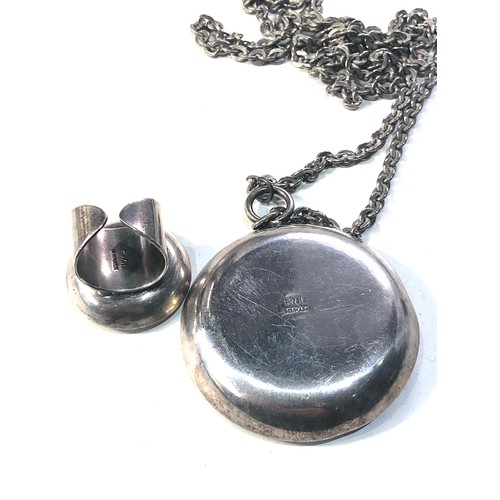 413 - Heavy modernist Danish  stone set pendant and chain with matching ring marked P.W.N