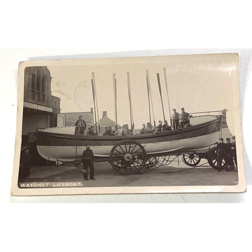 497 - 2 fine antique real photo postcards Liverpool Lusitania at landing and Watchet lifeboat and crew