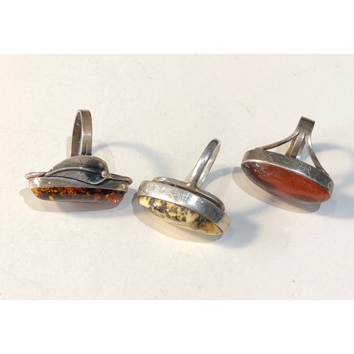 356 - 3 large vintage silver and amber  rings