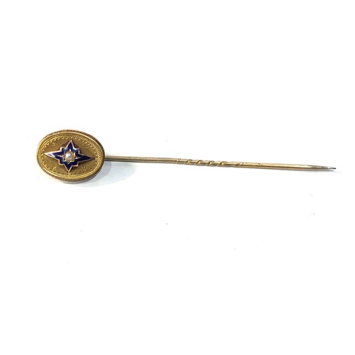 100 - Gold victorian seed-pearl enamel stick pin measures approx 8cm long head measures approx 17mm by 12m... 