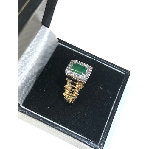 242 - 18ct gold emerald and diamond brutalist ring emerald measures approx 6mm by 4mm full 18ct gold hallm... 