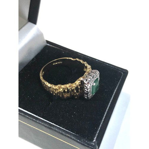 242 - 18ct gold emerald and diamond brutalist ring emerald measures approx 6mm by 4mm full 18ct gold hallm... 