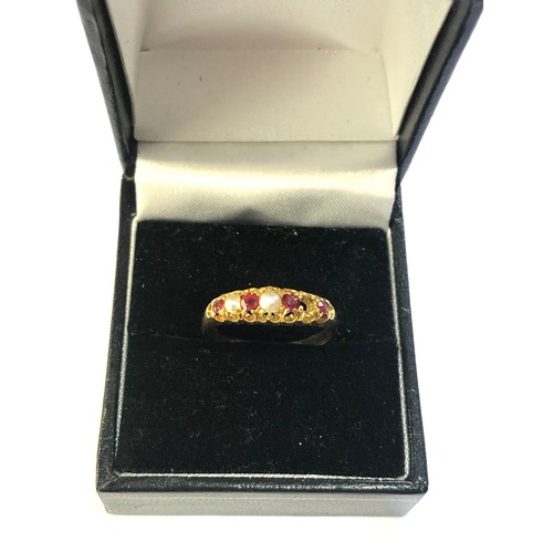 104 - 18ct gold ruby and seed-pearl gypsy ring i pearl missing weight 3g xrt tested as 18ct gold